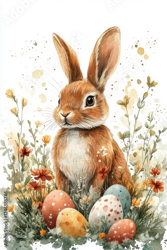 Wallpaper Mural Minimalist Watercolor Dragon and Easter Bunny Among Flowers and Decorative Eggs Torontodigital.ca
