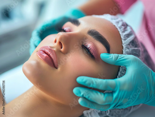 A woman relaxing during a facial treatment at a beauty salon. The beauty professional is gently massaging her face with gloved hands, ensuring a calm and soothing experience. photo