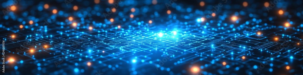 Obraz premium Dynamic Background with Glowing Circuit Lines Representing Technology in Bright Blues on Dark Blue