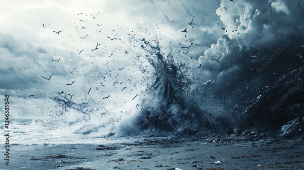 Surging Ocean Waves Crash Against Rocky Cliffs as Birds Take Flight in a Stormy Landscape at Dusk Surging Ocean Waves Crash Against Rocky Cliffs as Birds Take Flight in a Stormy Landscape at Dusk