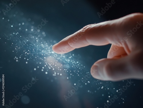 Close-up of hand interacting with futuristic touchscreen technology