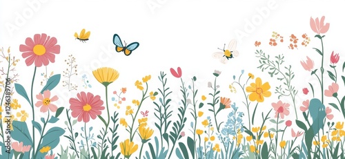 Spring meadow floral border; butterflies, white background; website banners