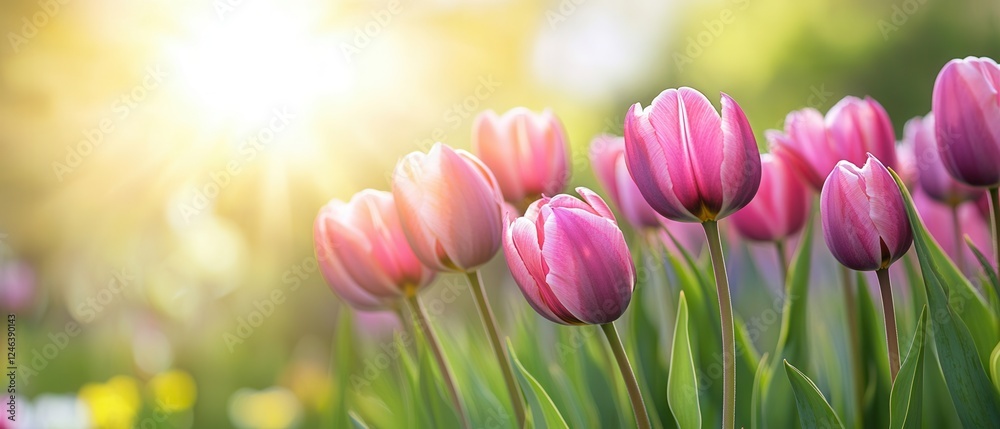 Obraz premium A vibrant field showcases numerous pink tulips blooming amidst lush green grass, creating a stunning visual contrast in nature's beauty.