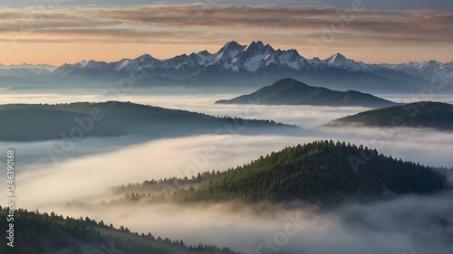 Morning fog in the mountains, sunrise mist landscape photo, nature forest outdoor