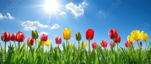 A vibrant field of tulips blooms under a radiant sun, showcasing a stunning display of colors in nature's beauty.