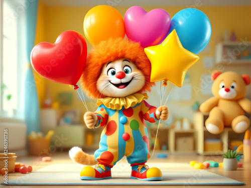 Happy clown holding colorful balloons in a playful room background for April Fools' Day
