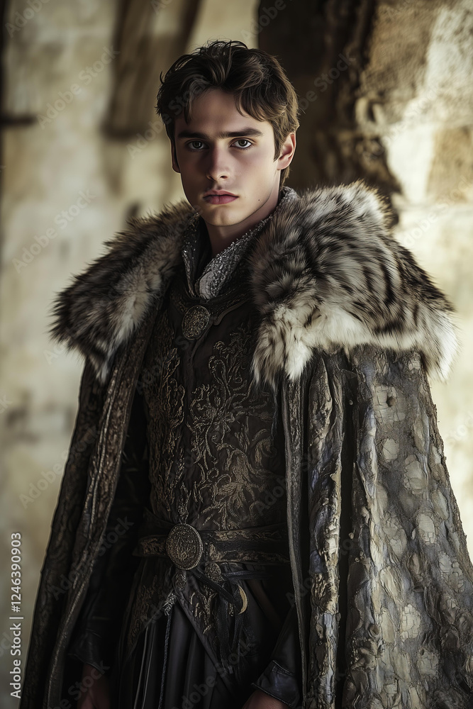 young man with strikingly sharp features, dressed in medieval noble attire, featuring a fur-lined cloak and intricate embroidered details, standing against the backdrop of an ancient stone castle young man with strikingly sharp features, dressed in medieval noble attire, featuring a fur-lined cloak and intricate embroidered details, standing against the backdrop of an ancient stone castle