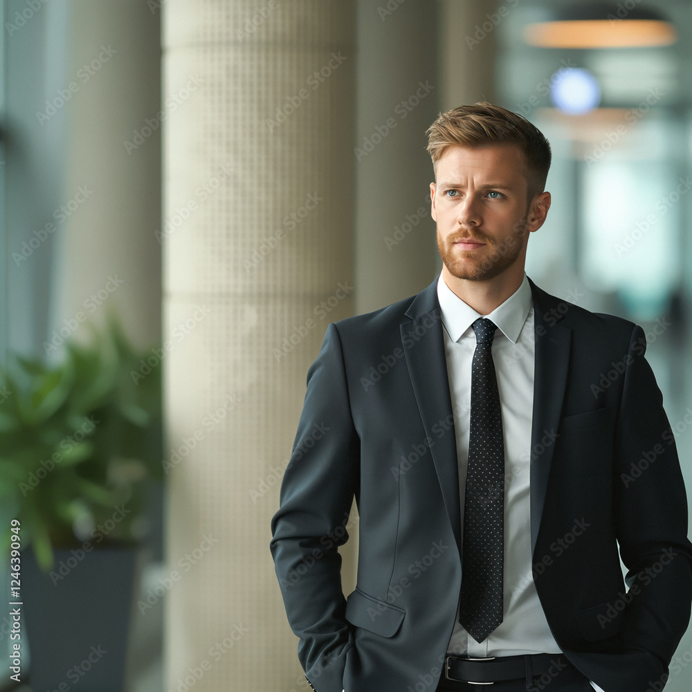 pensive businessman in a dark suit thoughtfully looks out a window in an office setting. pensive businessman in a dark suit thoughtfully looks out a window in an office setting.
