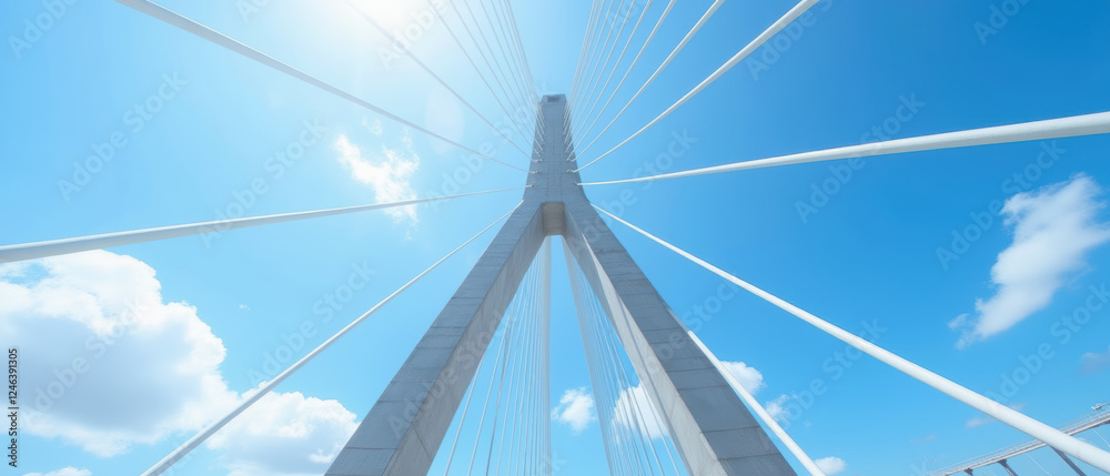 Modern bridge with cables against bright blue sky and clouds Modern bridge with cables against bright blue sky and clouds