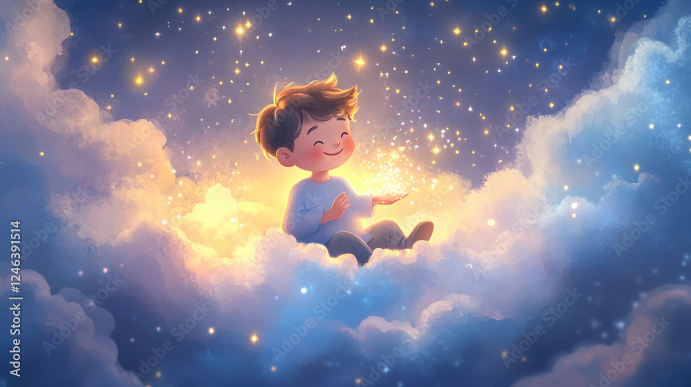 Obraz premium Boy With Joyful Expression Sitting on Clouds During a Starry Night, Surrounded by Sparkling Lights and a Serene Atmosphere