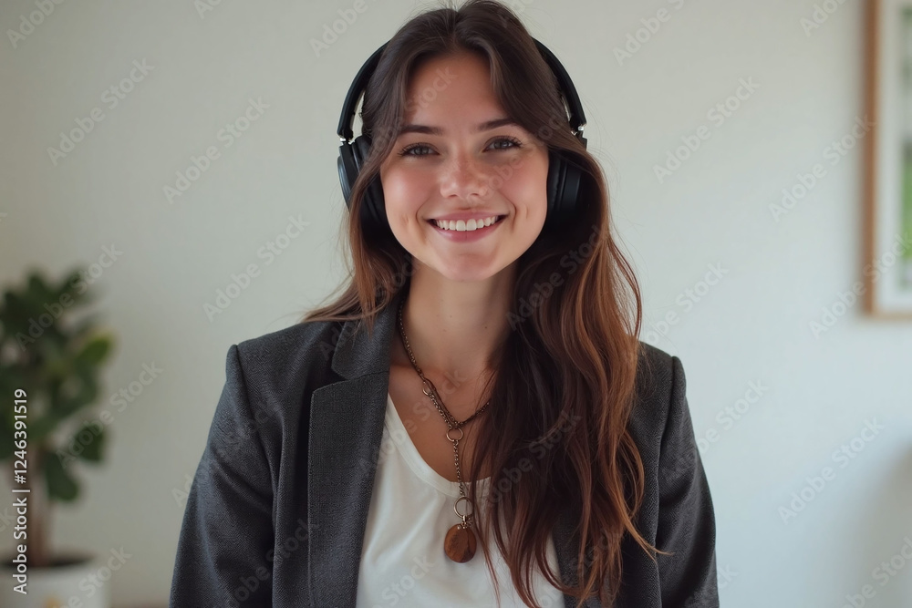 woman sitting at minimalist desk wearing blazer headphones listening something woman sitting at minimalist desk wearing blazer headphones listening something