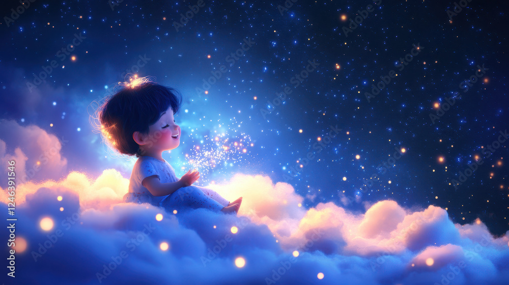 Child Joyfully Interacts With Sparkles While Sitting on Clouds Under a Starry Night Sky Child Joyfully Interacts With Sparkles While Sitting on Clouds Under a Starry Night Sky