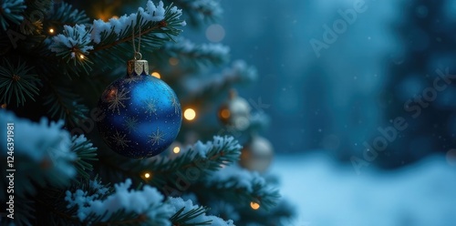 Dark blue Christmas tree with blue gold ornaments on branch, ornament, snowy