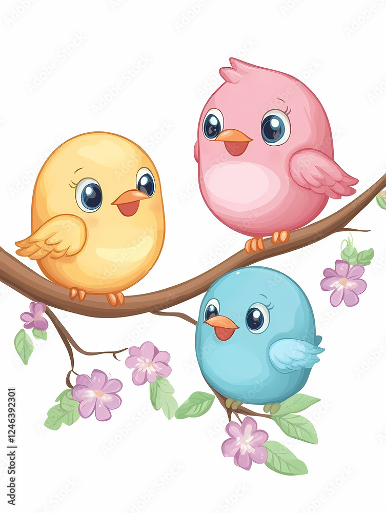 Fototapeta premium Three cute cartoon birds, in yellow, pink, and blue, sitting together on a branch with flowers.