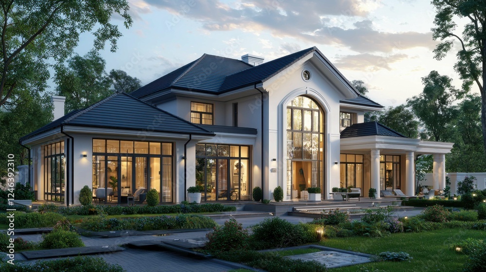 Elegant Modern Villa Surrounded by Lush Greenery at Twilight Elegant Modern Villa Surrounded by Lush Greenery at Twilight