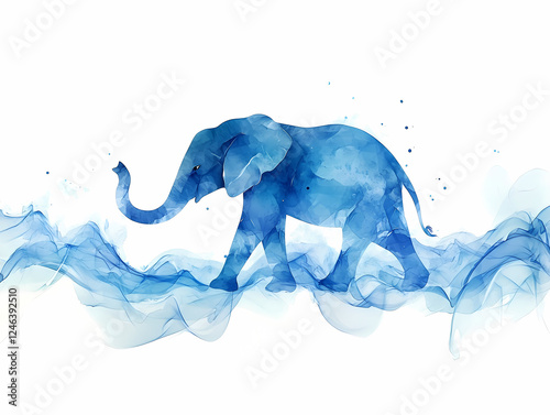Elegant blue watercolor elephant illustration walking gracefully with flowing artistic design. photo