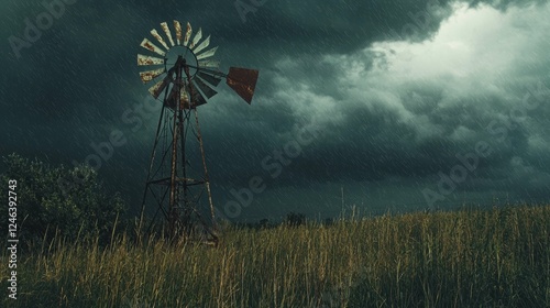 Windmill under Dark Stormy Clouds with Rain Falling in Landscape