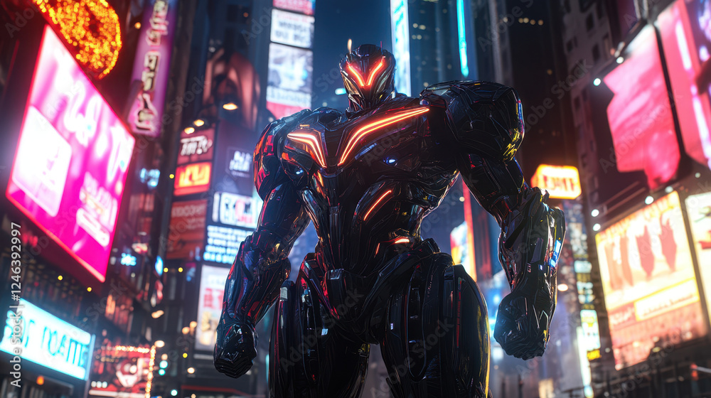 Giant Robotic Figure Stands Boldly in a Vibrant Urban Environment at Night Filled With Colorful Lights