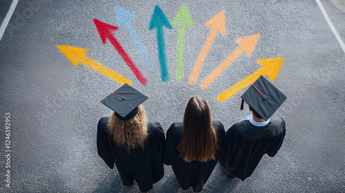 Graduates Standing Proudly Before Vibrant Arrows Signifying Future Paths and Possibilities on Their Momentous Day