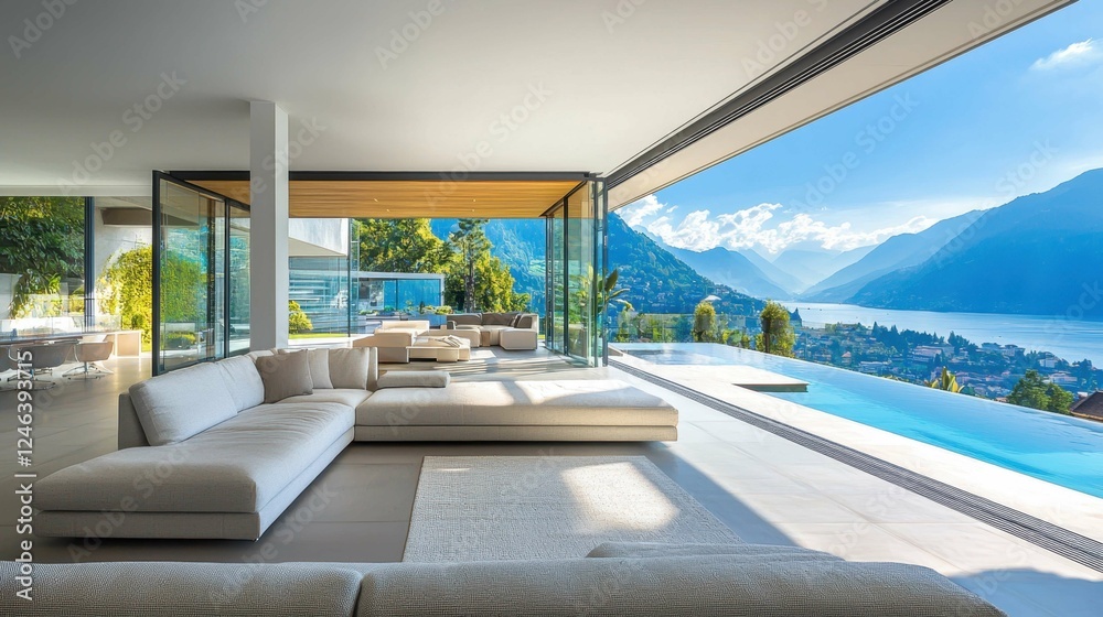 Modern Living Room with Scenic View of Lake and Mountains Modern Living Room with Scenic View of Lake and Mountains