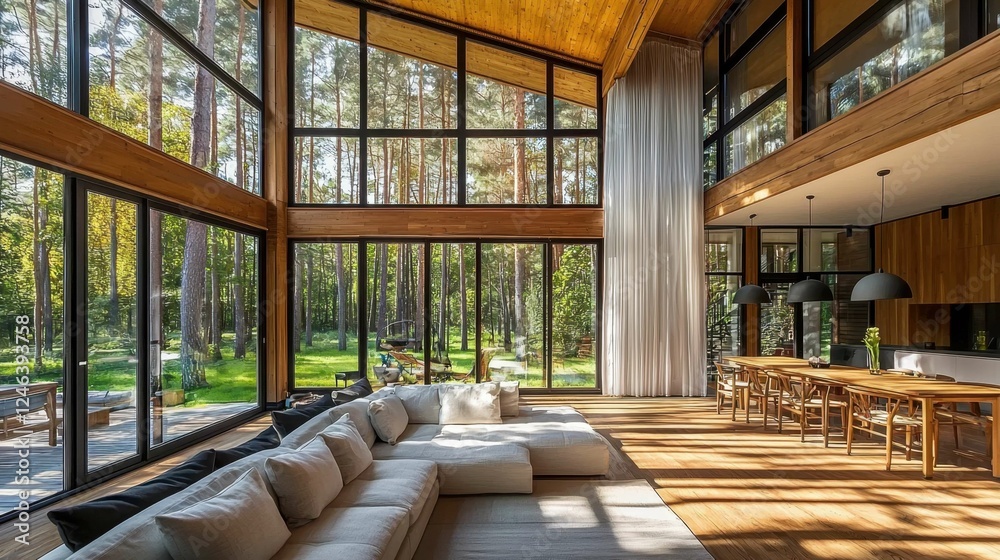 Modern Living Room with Large Windows Surrounded by Nature Modern Living Room with Large Windows Surrounded by Nature