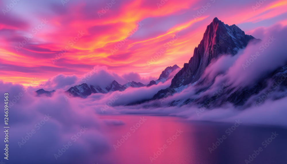 Obraz premium Majestic Mountain Sunset: A Serene Landscape