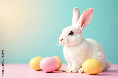 White rabbit and colorful eggs on a pastel background, free space for text, Easter background.
