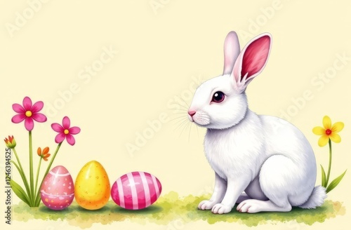 White rabbit and a few colorful eggs and summer flowers on pastel beige background, watercolor painting, free space for text.