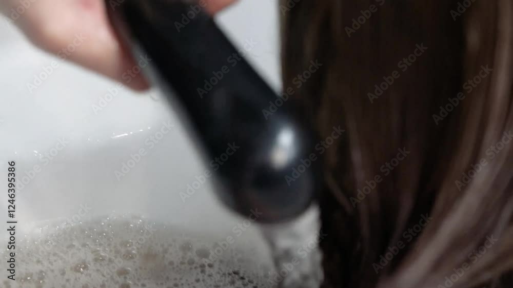 a beautiful young girl with short hair and a bob haircut is doing a procedure in a beauty salon. Hair master doing coloring and tone to client's hair close-up