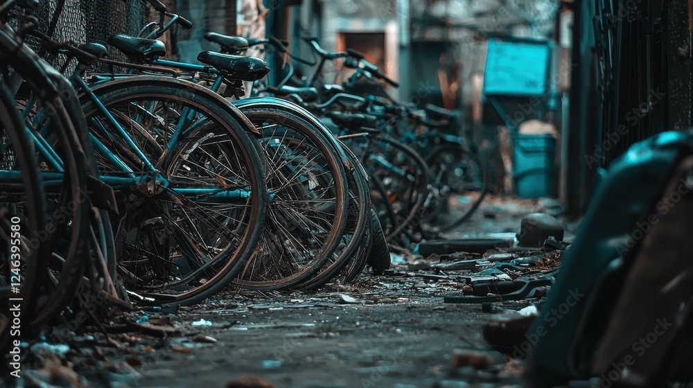 Fototapeta premium Abandoned Bicycles Lined Along a Narrow, Overgrown Pathway