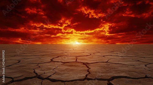 A dramatic sunset over a cracked, dry landscape, highlighting themes of drought and environmental change.