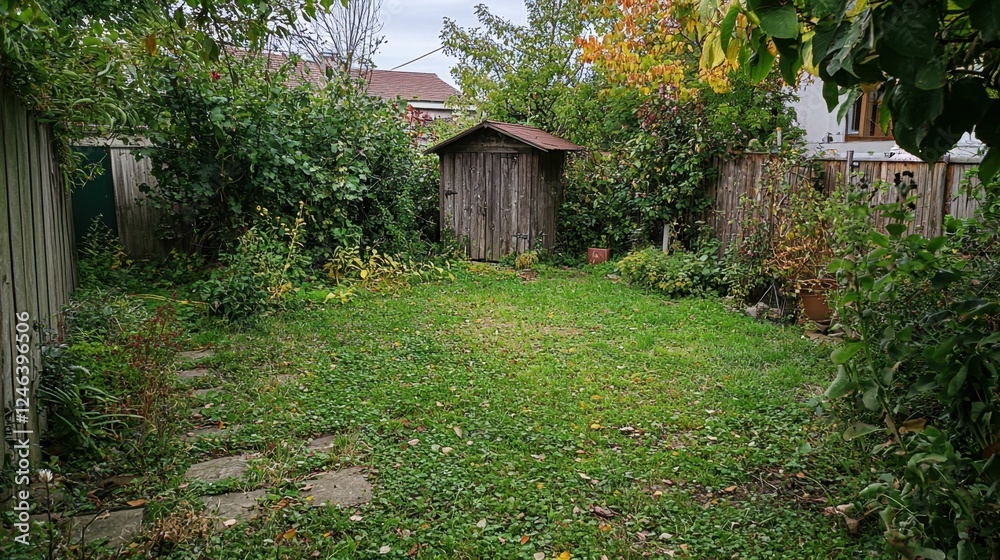 Lush Overgrown Backyard with Shed and Abundant Greenery in Autumn Lush Overgrown Backyard with Shed and Abundant Greenery in Autumn