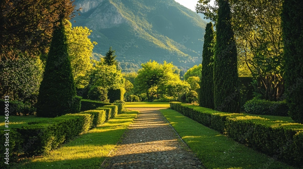 Fototapeta premium Serene Garden Pathway Among Lush Greenery Under Bright Sunlight