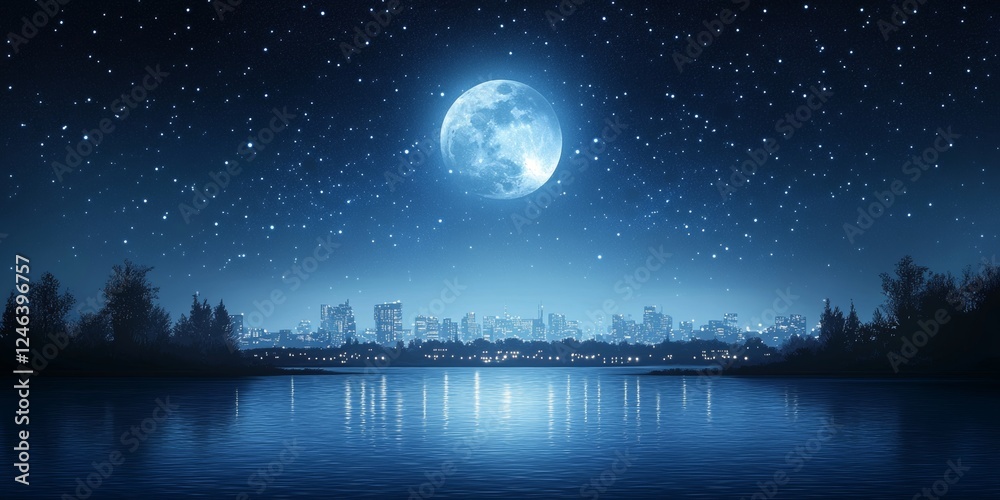 Naklejka premium Bright, Full Moon Over City Skyline Reflected In Calm Water Under Beautiful, Starry Night Sky