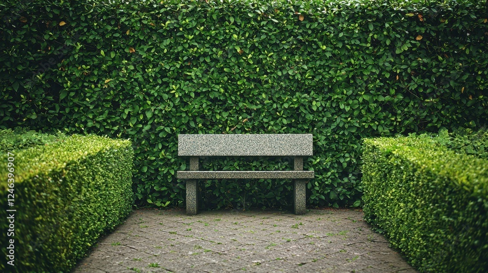 Serene Park Bench Surrounded by Lush Green Hedges in Tranquil Garden Serene Park Bench Surrounded by Lush Green Hedges in Tranquil Garden