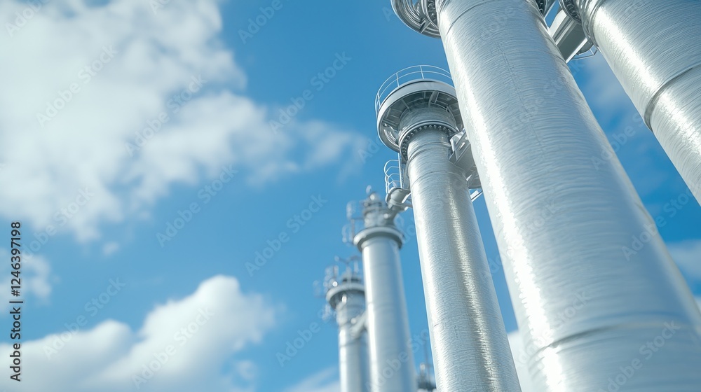 Naklejka premium Industrial plant pipes against blue sky