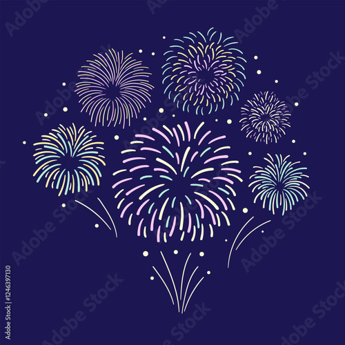 Exploding festival fireworks card. Flat simple design concept for holiday banner, poster, flyer, decorative elements. Fireworks on purple background. Vector illustration