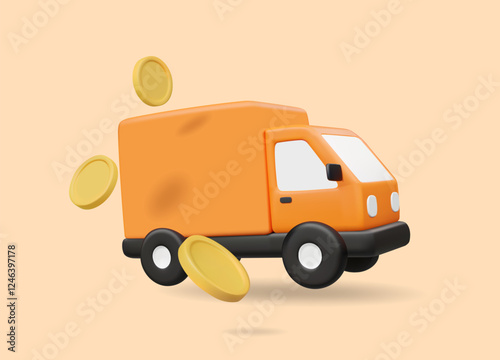 3D vector render illustration of an orange delivery truck icon with gold coins floating around. Logistics concept freight E-commerce business, payments, cash on delivery, income, shipping costs