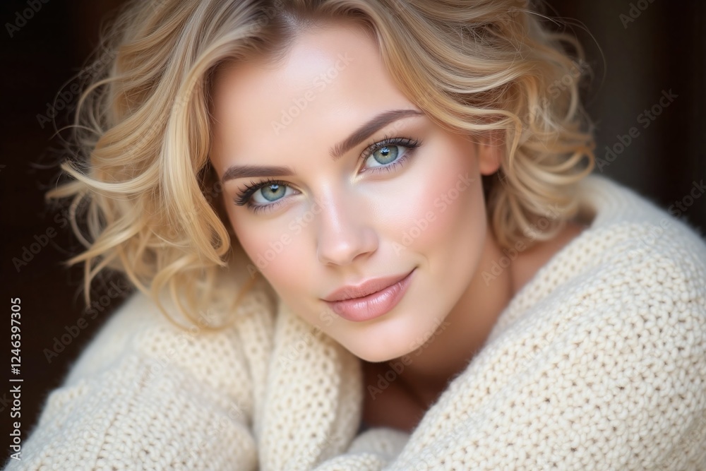 woman with short wavy blonde hair blue eyes cream sweater woman with short wavy blonde hair blue eyes cream sweater