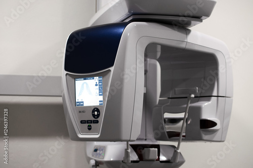 Dental computer tomograph close-up. Diagnostic apparatus in dentistry. 3D x-ray apparatus for dentition.