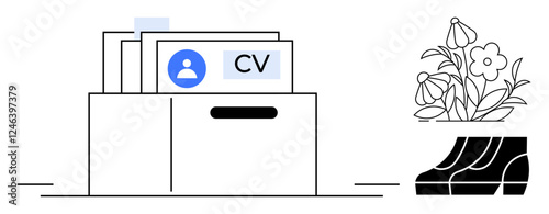 Box with organized resumes, including one labeled CV with a profile icon. To the side, flowers in a boot-turned-planter. Ideal for office organization, human resources, job applications, paperwork