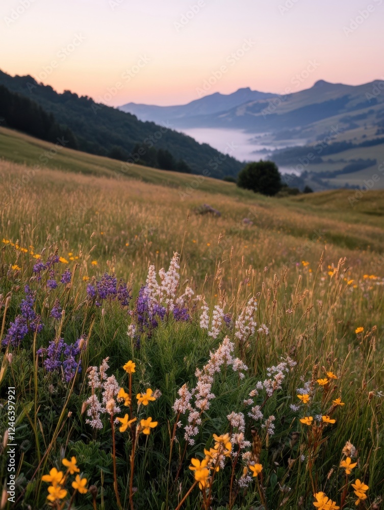 Obraz premium Idyllic mountain landscape with wildflowers at sunrise