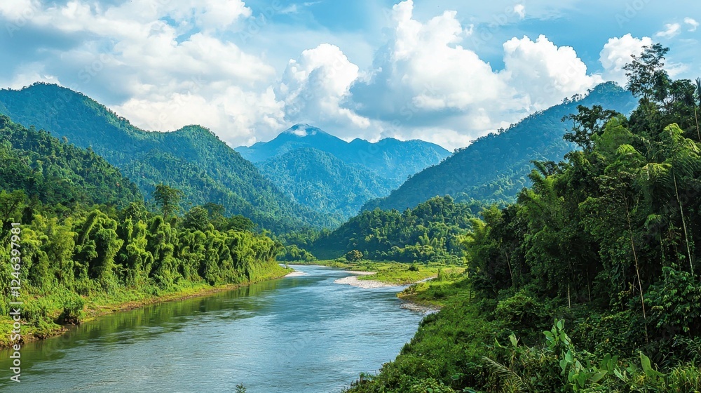 Fototapeta premium Serene River Flowing Through Lush Green Mountains under Blue Sky