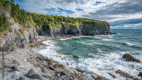 Serene Coastal Landscape with Waves and Rocky Cliffs under Cloudy Sky
