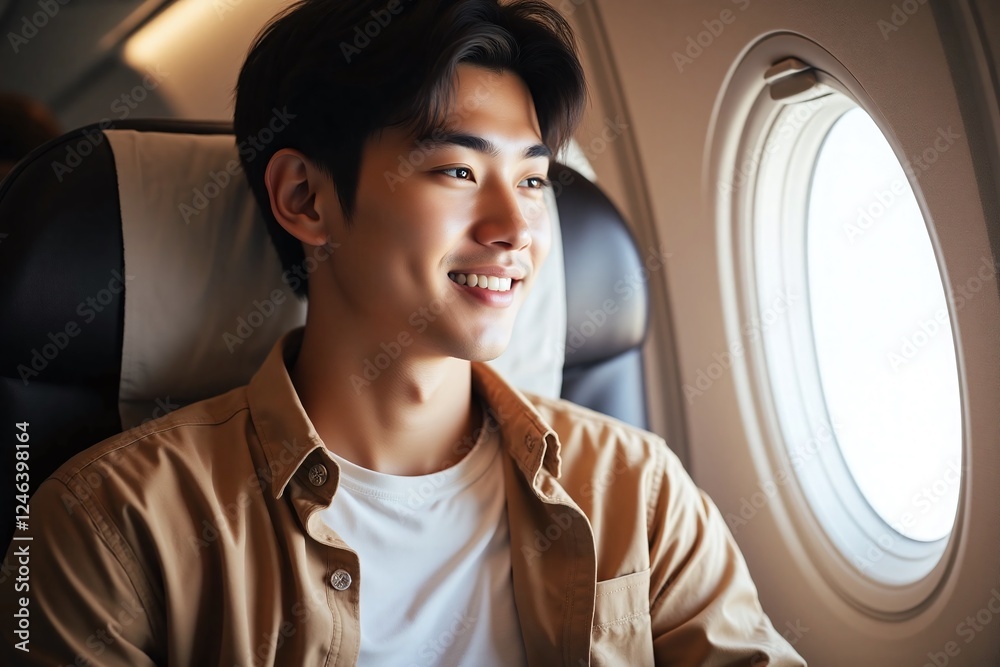 Fototapeta premium young Asian man sitting in airplane enjoying scenery casual outfit