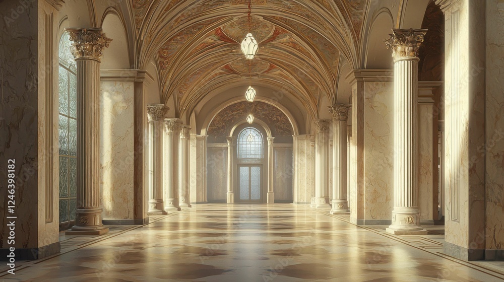 Elegant Historic Hallway with Ornate Architecture and Lighting Elegant Historic Hallway with Ornate Architecture and Lighting