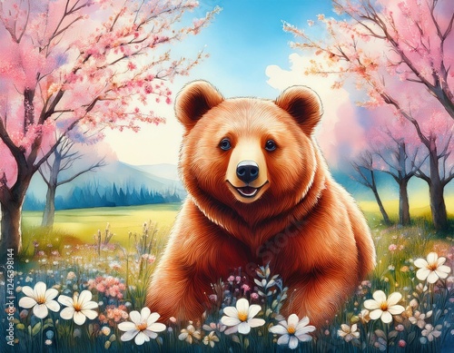 Springtime Stroll. A curious brown bear strolls through a blooming spring meadow, surrounded by colorful wildflowers and blossoming trees.