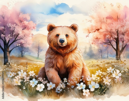 Springtime Stroll. A curious brown bear strolls through a blooming spring meadow, surrounded by colorful wildflowers and blossoming trees.