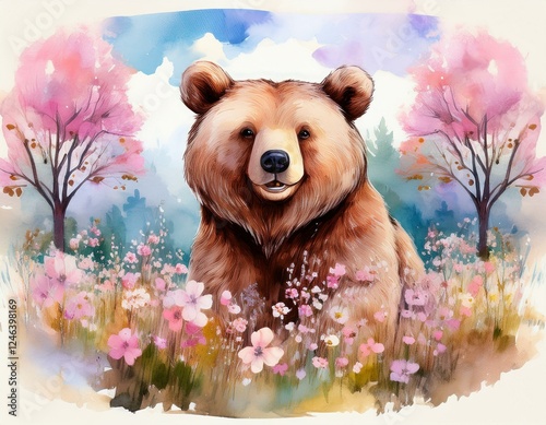 Springtime Stroll. A curious brown bear strolls through a blooming spring meadow, surrounded by colorful wildflowers and blossoming trees.