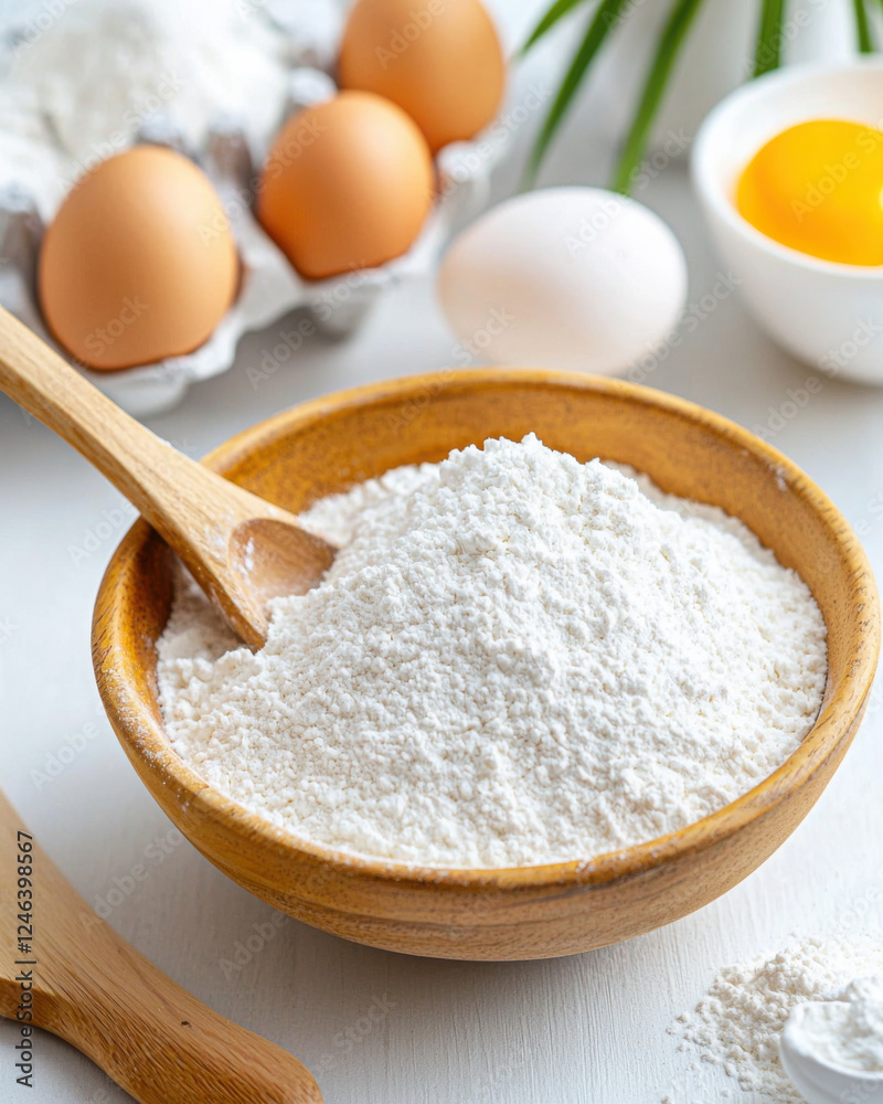 Close up of bowl of flour with wooden spoon, eggs, and yolk Close up of bowl of flour with wooden spoon, eggs, and yolk